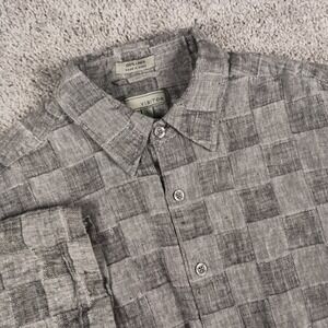 Visitor Large Mens Grey Checkerboard 100% Linen Short Sleeve Button Down Shirt